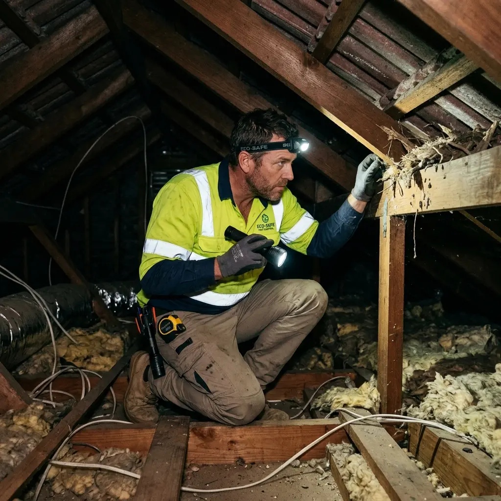 Technician inspecting a Huntingdale subfloor void for a deceased cat